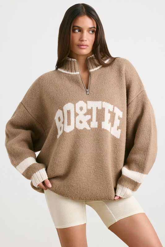 Oversized Quarter-Zip Chunky-Knit Jumper in Espresso - UK Size:L/XL